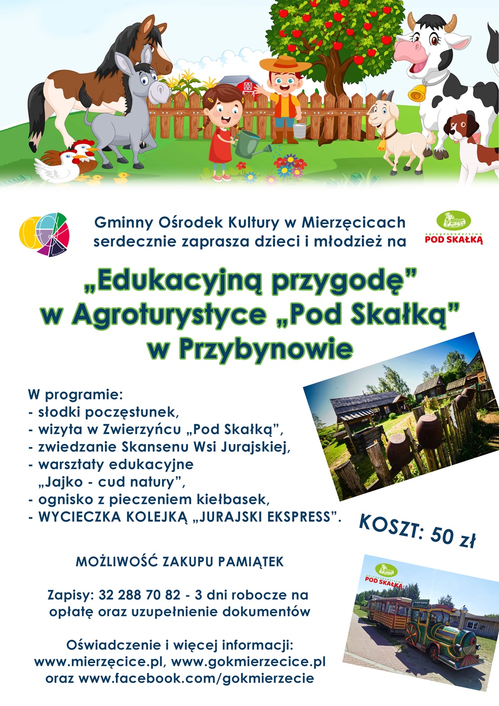 Plakat promujący wycieczkę do Agroturystyki Pod Skałką w Przybynowie